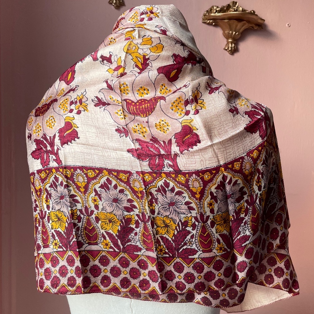 Handmade burgundy/cream flower print silk scarf.